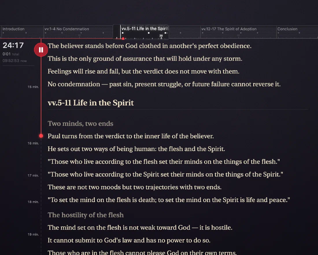 Verbatum's Speech view: a 12:48 elapsed timer, a section ruler, and the next sentences of the sermon ready to read.