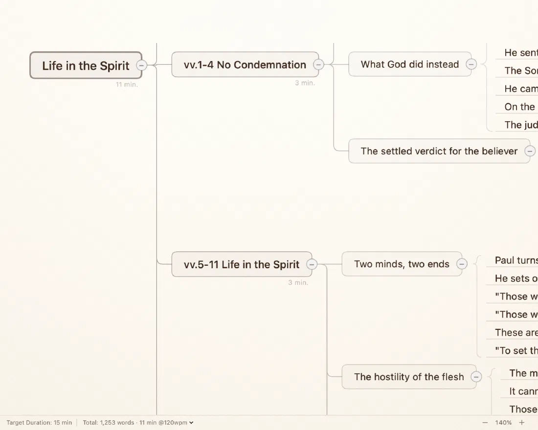 A collapsed Verbatum mind-map showing per-section reading-time estimates and a running 11-minute total against a 15-minute target.